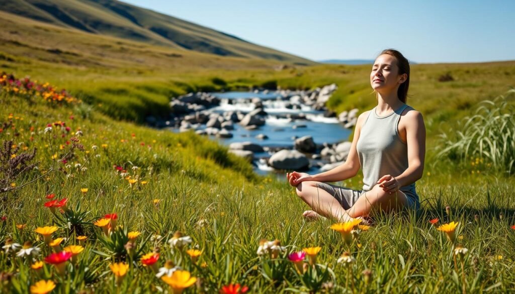A serene meadow with lush green grass and vibrant wildflowers, bathed in warm, natural sunlight. In the foreground, a person sits cross-legged, eyes closed, exuding a sense of calm and inner focus. Their posture is relaxed yet confident, conveying a state of rejuvenation and renewed energy. In the middle ground, a gently flowing stream cascades over smooth rocks, its soothing sounds adding to the peaceful ambiance. The background features rolling hills and a clear, azure sky, creating a tranquil and inspiring landscape. The overall scene evokes a feeling of balance, harmony, and the natural restoration of vitality.
