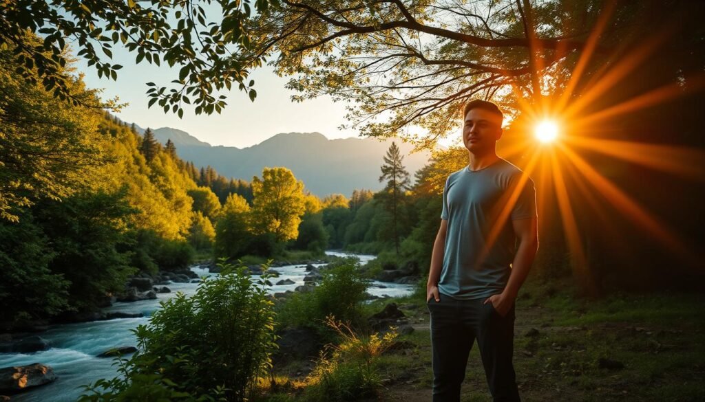 A serene natural landscape with lush verdant foliage, a flowing river, and majestic mountains in the background. In the foreground, a confident person standing tall, radiating an aura of vitality and inner strength. Warm, golden sunlight filters through the trees, casting a soft, glowing illumination on the scene. The overall mood is one of tranquility, balance, and the rejuvenating power of nature. The composition is well-balanced, with the person positioned off-center, leading the viewer's eye through the frame. The image conveys the importance of connecting with the natural world to maintain physical and mental wellbeing.
