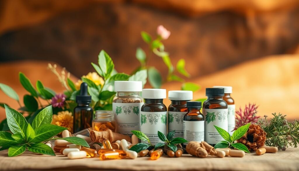 A serene, natural-looking arrangement showcasing a variety of herbal supplements in a warm, earthy-toned background. In the foreground, a collection of various capsules, tablets, and tincture bottles are artfully displayed, suggesting their potency and effectiveness. The middle ground features lush, vibrant botanicals such as fresh leaves, flowers, and roots, hinting at the natural origins of the supplements. The background is softly illuminated, creating a calming, meditative atmosphere that conveys the holistic and restorative properties of the natural remedies. The overall composition emphasizes the purity, quality, and harmony of this natural solution for hormone balance.