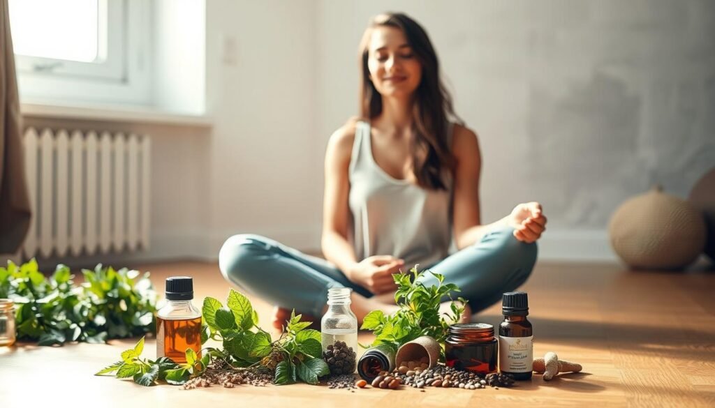 A serene, natural scene of a woman sitting cross-legged on the floor, surrounded by soothing herbal remedies for menstrual cramps. Soft lighting filters through a window, casting a warm, calming glow. In the foreground, an array of herbs, essential oils, and natural supplements are neatly arranged, their vibrant colors and textures inviting closer inspection. The woman's expression is one of tranquility and self-assurance, suggesting the effectiveness of these natural treatments. The background features subtle, earthy tones, hinting at the holistic, grounded approach to alleviating menstrual discomfort. This image conveys a sense of balance, harmony, and the empowering choice to embrace natural solutions for women's health.