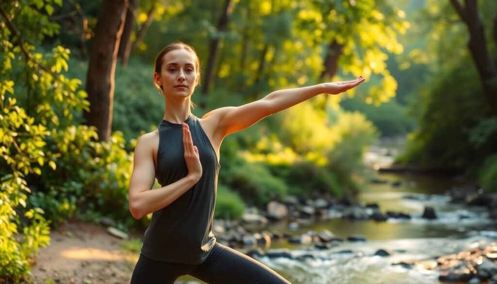 A serene, natural setting with a person in the foreground performing a simple, yet graceful yoga pose, surrounded by lush greenery and a gentle stream. Warm, diffused lighting casts a tranquil glow, highlighting the person's calm, focused expression. The scene evokes a sense of balance, mindfulness, and a connection to the natural world. The person's posture and movement convey a lightness and ease, embodying the essence of a "natural pre-workout" before a training session.