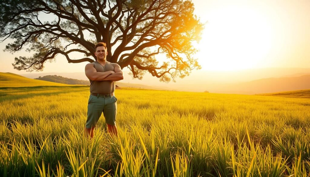 A serene, sun-dappled meadow stretches out, its verdant grasses dancing in a gentle breeze. In the foreground, a robust, confident individual stands tall, their expression radiating an inner glow. Their body language conveys a sense of purposeful energy, as if drawing strength from the very earth beneath their feet. The middle ground features a majestic oak tree, its branches reaching skyward, symbolic of the growth and vitality that comes from harnessing one's energy. In the background, rolling hills fade into a horizon bathed in a warm, golden light, creating an atmosphere of tranquility and rejuvenation. This scene captures the essence of the "importância da energia" - the vital, life-affirming force that fuels our physical and mental well-being.