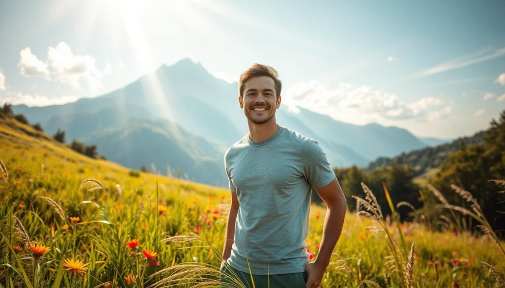 A serene, sun-dappled scene of a confident, rejuvenated individual standing amidst a lush, verdant landscape. The foreground features a well-rested person, their expression radiant and energized, basking in the warm, golden light. The middle ground showcases a tranquil meadow, dotted with vibrant wildflowers and swaying grasses. In the background, a majestic mountain range rises, its peaks touched by wispy clouds. The atmosphere exudes a sense of calm, rest, and the triumph over chronic fatigue, capturing the essence of "superar cansaço crônico" (overcoming chronic fatigue). Captured with a wide-angle lens, the image conveys a balanced, harmonious composition that inspires hope and renewed vitality.
