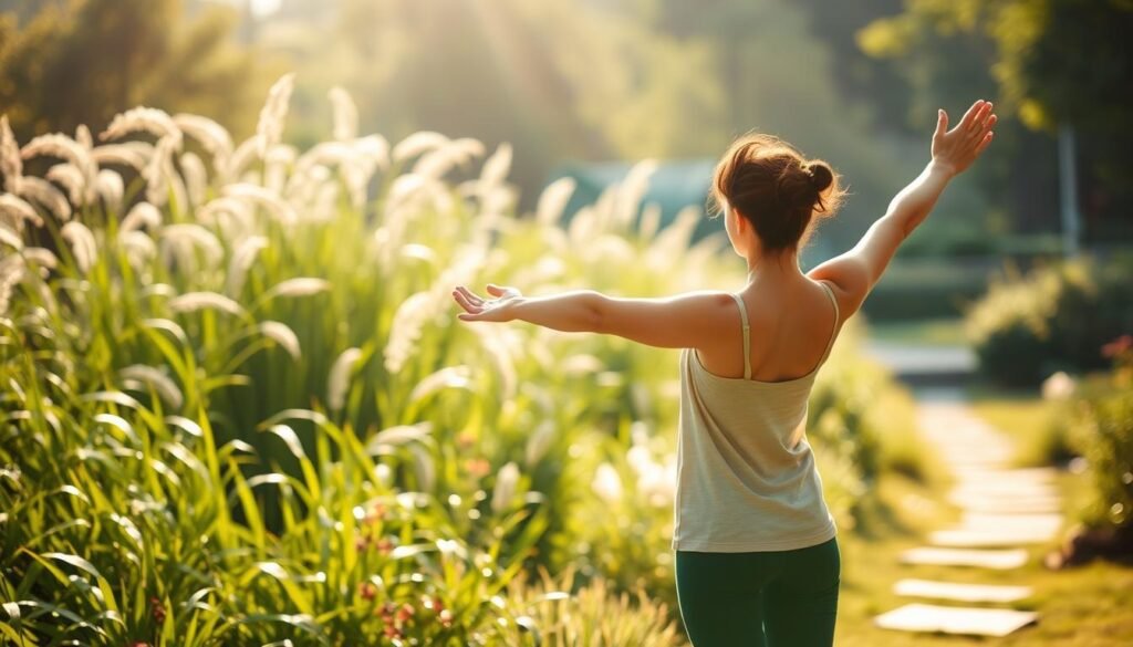 A serene, sun-drenched morning scene set in a peaceful garden. In the foreground, a confident, limber figure gracefully extends their arms, engaging in the ideal frequency of stretching. Soft, natural lighting bathes the scene, casting a warm glow and highlighting the gentle movements. The middle ground features a lush, verdant backdrop of swaying plants and flowers, creating a calming, rejuvenating atmosphere. In the background, a hint of a tranquil outdoor setting, perhaps a distant path or a glimpse of the sky, adding depth and a sense of balance to the composition. The overall mood is one of tranquility, mindfulness, and the revitalizing power of a morning stretching routine.