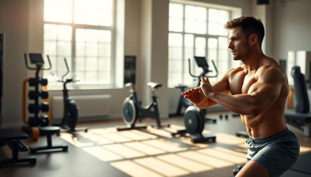 A serene, well-lit indoor gym setting with natural lighting streaming through large windows. In the foreground, a muscular athlete performs dynamic stretches, their expression focused and determined. The middle ground features various exercise equipment like free weights, resistance bands, and a stationary bike, all neatly arranged. The background showcases a calming, minimalist interior design with clean lines and muted tones, creating a sense of tranquility. The overall scene conveys a feeling of effortless energy, where the subject is able to train with confidence and without the distraction of an elevated heart rate.