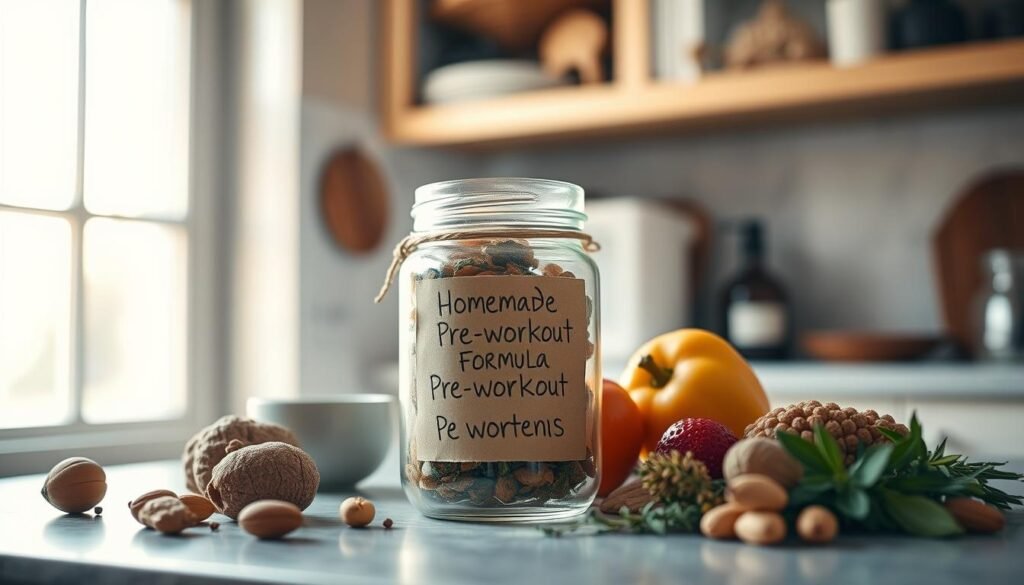 A serene, well-lit kitchen counter displays a homemade pre-workout formula in a rustic glass jar. Soft natural light filters through a nearby window, casting a warm glow on the scene. The jar's label features handwritten text describing the soothing, calming ingredients within. Surrounding the jar are various whole food items, such as fresh fruits, nuts, and herbs, hinting at the natural origins of the supplement. The overall atmosphere is one of simplicity, tranquility, and wellness, inviting the viewer to consider the benefits of this homemade pre-workout alternative.