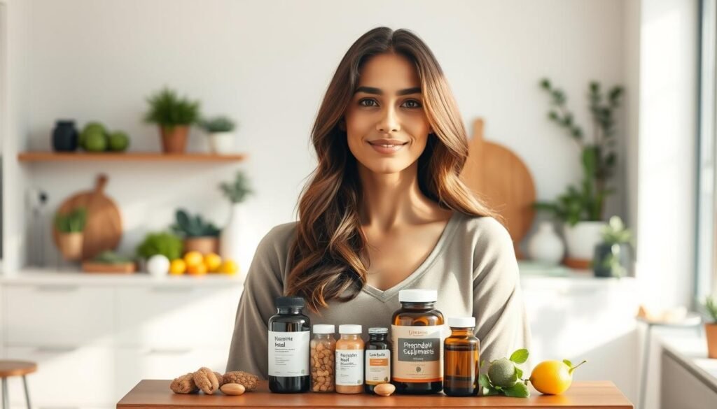 A serene, well-lit scene of a confident woman standing in a bright and airy room, showcasing a selection of herbal supplements and natural remedies. The woman's expression conveys a sense of calm and wellness, reflecting the non-stimulant nature of the supplements. In the background, a sleek and modern kitchen counter displays a variety of plant-based ingredients, suggesting a holistic approach to health and wellness. Soft, natural lighting casts a warm glow over the scene, creating a soothing and inviting atmosphere. The composition is balanced, with the woman and the supplements taking center stage, while the background elements complement the overall theme.