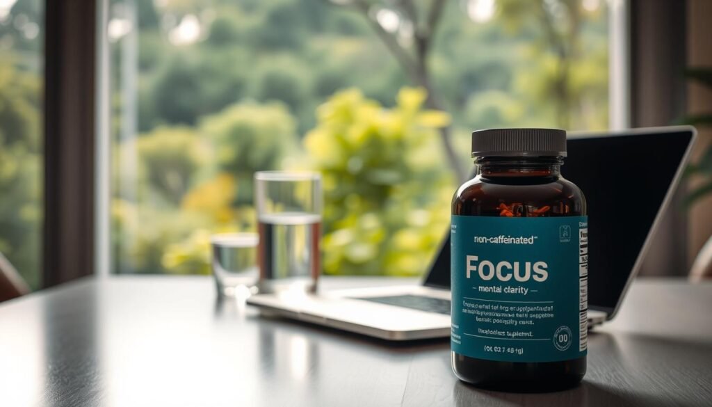 A serene workspace with a modern desk, a laptop, and a glass of water. In the foreground, a bottle of a non-caffeinated supplement sits prominently, its label highlighting the "focus" and "mental clarity" benefits. The background features a large window overlooking a lush, green landscape, bathed in soft, natural lighting. The overall atmosphere conveys a sense of productivity, tranquility, and wellness, reflecting the article's focus on a non-caffeinated supplement that enhances mental performance.