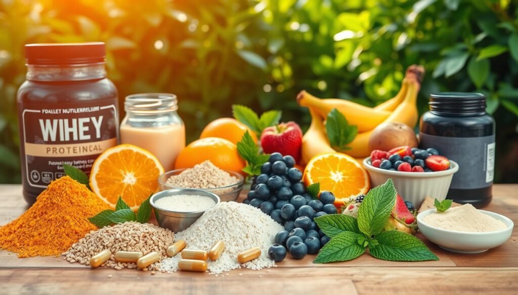 A set of fresh, natural ingredients laid out on a wooden table. In the foreground, a variety of powders, grains, and capsules are neatly arranged, including whey protein, creatine, and L-arginine. The middle ground showcases vibrant fruits and berries, such as oranges, blueberries, and bananas, reflecting the wholesome, unprocessed nature of the pre-workout formula. In the background, lush greenery and warm, natural lighting create a calming, invigorating atmosphere. The composition conveys a sense of confidence, vitality, and a commitment to optimal athletic performance through the use of high-quality, natural pre-workout supplements.