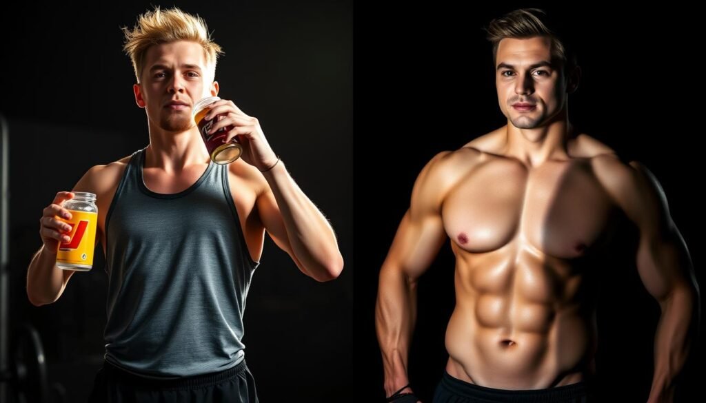 A side-by-side comparison of two gym-goers, one drinking a pre-workout with caffeine, the other a caffeine-free alternative. The caffeine-fueled athlete stands tall, vibrant energy radiating from their posture and expression. In contrast, the caffeine-free individual appears more relaxed, a subtle glow of calm focus. Dramatic studio lighting casts dramatic shadows, highlighting the muscular definition of both figures. The scene is captured in crisp detail, emphasizing the distinct differences in their pre-workout experiences. A thought-provoking juxtaposition that invites the viewer to consider the impact of caffeine on athletic performance.