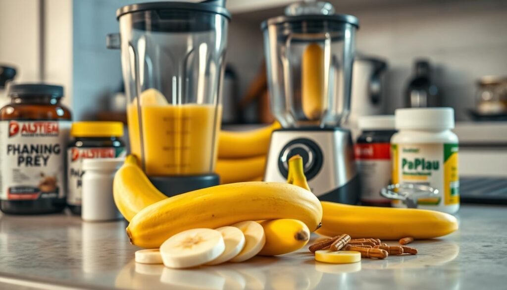 A simple yet effective pre-workout recipe with a ripe banana as the star ingredient. The scene features a kitchen counter with a blender, fresh banana slices, and various supplements arranged neatly. Soft, natural lighting casts a warm glow, creating an inviting atmosphere. The composition emphasizes the simplicity and healthiness of the homemade pre-workout drink, with the banana's vibrant yellow hue drawing the eye. The overall mood is one of confidence and wellness, reflecting the subject's dedication to their fitness routine.