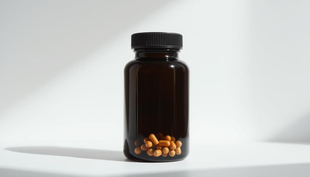 A sleek and minimalist product shot of a bottle or capsule container of a dietary supplement, positioned against a clean, well-lit backdrop. The container should have a simple, modern design without any visible branding or labels, emphasizing the pure, unadorned nature of a caffeine-free supplement. Soft, diffused lighting from the side casts gentle shadows, highlighting the refined, high-quality appearance of the product. The image should convey a sense of clarity, focus, and mental alertness without the jittery effects of caffeine, reflecting the benefits of the caffeine-free supplement.