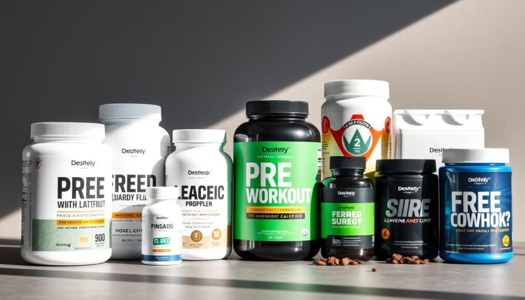 A sleek and stylish arrangement of various high-quality pre-workout supplements without caffeine, presented against a minimalist background. The products are neatly displayed, showcasing their distinctive packaging and branding. Warm, natural lighting highlights the vibrant colors and clean design, creating an inviting and professional atmosphere. The composition emphasizes the purity and effectiveness of these caffeine-free pre-workout formulas, reflecting the article's focus on providing an energizing boost without impacting mood or focus.