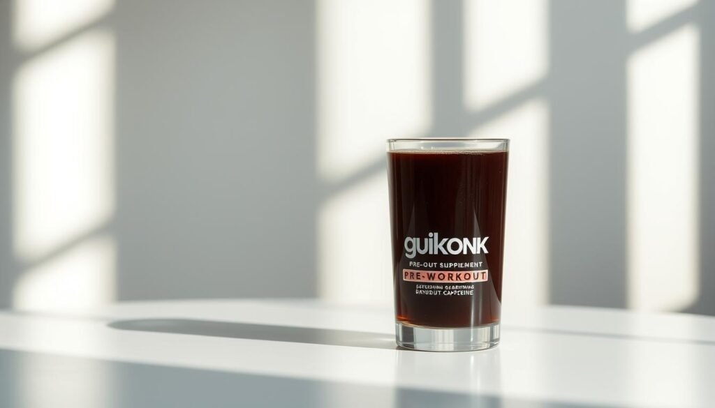 A sleek glass of pre-workout supplement, devoid of caffeine, sits atop a clean, minimalist table against a muted, serene backdrop. Soft, natural lighting filters in, casting gentle shadows and highlights that accentuate the product's modern, sophisticated design. The overall atmosphere conveys a sense of calm and focus, hinting at a pre-training regimen that won't disrupt sleep patterns. The image captures the essence of an effective, sleep-friendly pre-workout supplement.