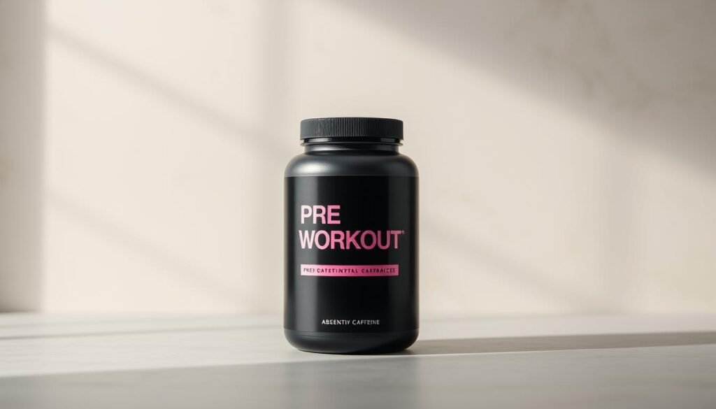 A sleek, minimalist product display showcasing a container of pre-workout powder in a clean, contemporary setting. Soft, diffused lighting illuminates the container, highlighting its simple design and emphasizing the absence of caffeine. The background features a muted, neutral palette with subtle textures, allowing the product to take center stage. The overall mood is one of purity, balance, and confidence, reflecting the focus on a caffeine-free pre-workout supplement tailored for women.