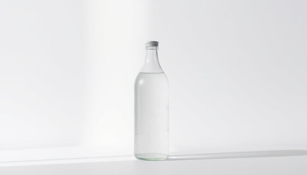 A sleek, minimalist still life composition showcasing a glass bottle filled with a clear, effervescent liquid, set against a clean, white background. The bottle is illuminated by soft, natural lighting from the side, casting subtle shadows and highlights that accentuate its elegant form. The scene conveys a sense of purity, simplicity, and sophistication, inviting the viewer to imagine the refreshing and invigorating properties of the caffeine-free pre-workout supplement within.
