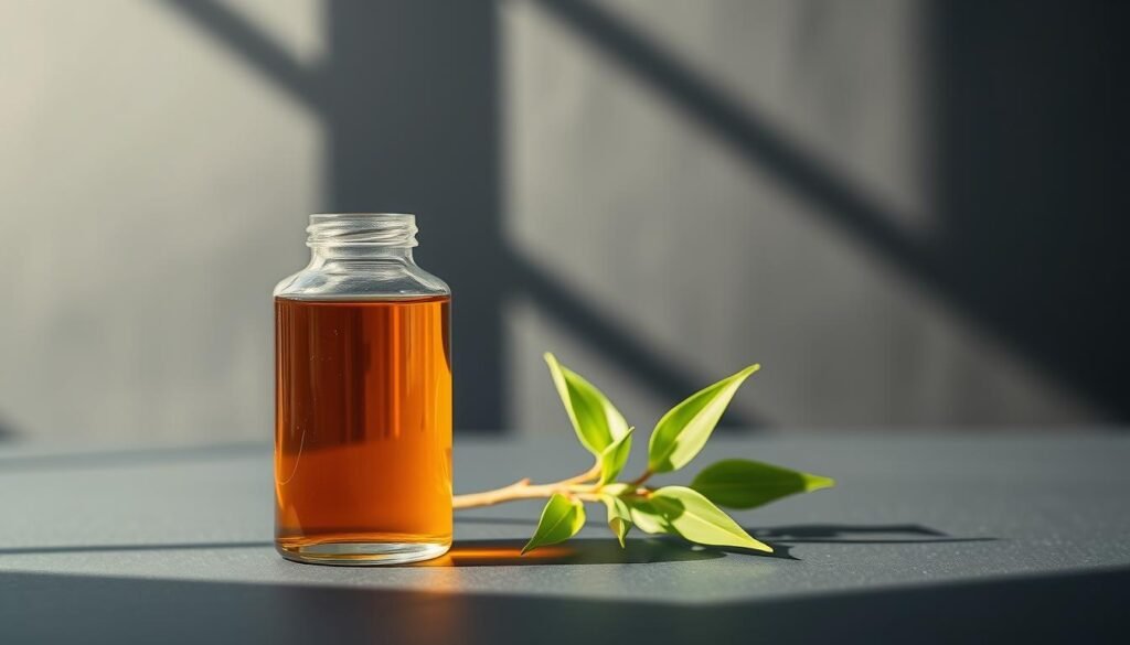 A sleek, minimalist still life showcasing the definição de suplemento sem cafeína. In the foreground, a clean-lined glass bottle filled with a clear, amber-hued liquid sits atop a smooth, matte black surface. Soft, natural lighting casts subtle shadows, highlighting the bottle's elegant form. The middle ground features a sprig of fresh, vibrant green leaves, their delicate textures contrasting with the solid, monochromatic background. In the distance, a soft, hazy blur evokes a sense of calm and focus, inviting the viewer to contemplate the purpose and benefits of this caffeine-free supplement. The overall mood is one of simplicity, clarity, and a commitment to mental wellbeing.