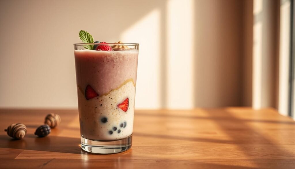 A smoothie glass placed on a wooden tabletop, filled with a vibrant blend of fruits, peanut butter, and other pre-workout ingredients. The lighting is warm and natural, casting a soft glow over the scene. The glass is positioned at a slight angle, highlighting the smooth, creamy texture of the smoothie. In the background, a minimalist, clean-lined setting with neutral tones complements the healthy, energetic vibe of the drink. The overall composition conveys a sense of balance, nourishment, and anticipation for a productive workout session.