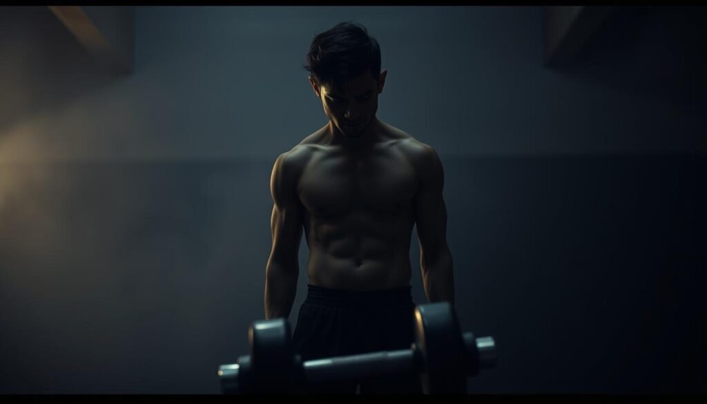 A solitary figure, shoulders hunched, stands in a dimly lit gym, their expression etched with a sense of unease. The lighting, casting dramatic shadows, heightens the tension. In the foreground, a set of weights lies abandoned, a metaphor for the internal struggle. The background blurs, the focus drawn to the individual's downcast gaze, conveying the palpable anxiety before the impending workout. A cinematic, 16:9 frame captures this intimate moment, inviting the viewer to empathize with the subject's inner turmoil. The scene evokes the theme of "Introdução à Ansiedade Pré-Treino," a poignant snapshot of the emotional challenges faced before embarking on a fitness journey.