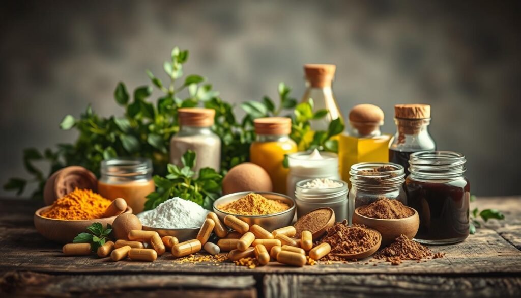 A still life arrangement featuring an assortment of natural, caffeine-free supplements. The foreground showcases an array of capsules, powders, and liquids in earthy tones, arranged artfully on a rustic wooden surface. The middle ground highlights lush greenery, perhaps herbs or botanicals, adding a sense of vitality. The background gently fades into a soft, natural ambiance, with muted lighting casting a warm, soothing glow. The overall composition conveys a sense of balance, purity, and a holistic approach to wellness, without relying on stimulants. The image captures the essence of "suplemento sem estimulantes" and the "Ingredientes comuns em suplementos sem cafeína" section of the article.