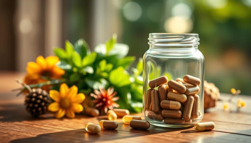 A still life composition capturing natural supplements without stimulants. In the foreground, a glass jar filled with herbal capsules rests on a wooden surface, casting a warm glow under soft, directional lighting. The middle ground features a selection of fresh botanicals, their vibrant hues contrasting with the muted tones of the supplements. The background blurs into a serene, natural setting, hinting at the purity and tranquility of the scene. The overall mood is one of balance, focus, and vitality, aligning with the article's theme of achieving mental clarity and energy without the use of artificial stimulants.