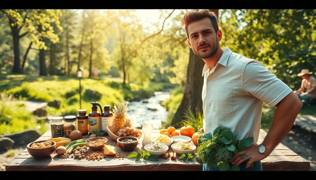 A sun-dappled outdoor scene with a confident individual in the foreground, standing tall and at the ready. In the middle ground, an array of natural, organic ingredients and supplements laid out on a rustic wooden table, exuding a sense of purity and wholesomeness. In the background, a lush, verdant landscape with towering trees and a serene, flowing stream, creating a tranquil, rejuvenating atmosphere. The lighting is soft and warm, casting a golden glow over the entire composition. The camera angle is slightly elevated, giving a sense of power and command over the scene. Crisp details, vivid colors, and a harmonious composition that encapsulates the essence of "pré-treino natural" and the article's section title.