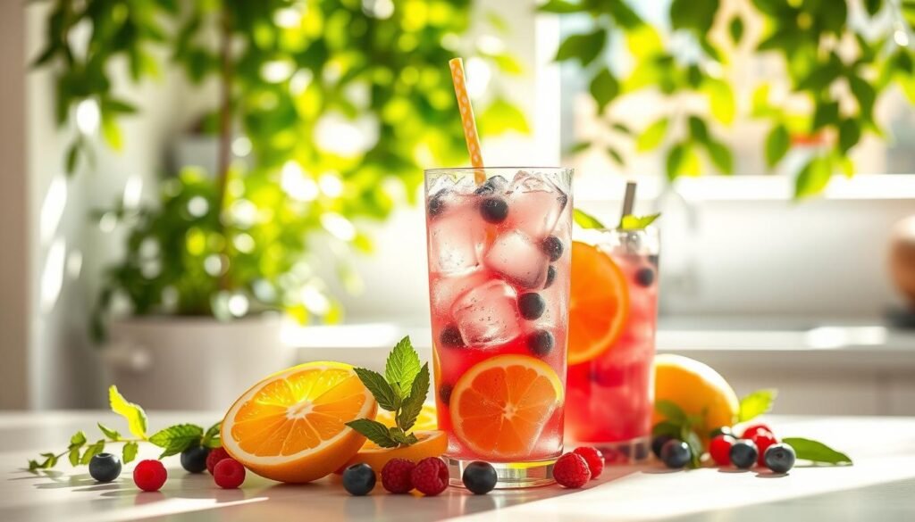 A sun-drenched kitchen countertop displays a freshly prepared energy drink, its vibrant hues and natural ingredients radiating a sense of vitality. Crisp ice cubes, freshly sliced citrus, and a sprinkle of vibrant berries create a visually enticing presentation. In the background, lush greenery frames the scene, conveying a sense of balance and wellness. The lighting is warm and inviting, casting a soft glow that enhances the drink's appeal. The overall mood is one of a healthful, rejuvenating beverage, perfect for a woman seeking a natural boost of energy without the jitters of caffeine.