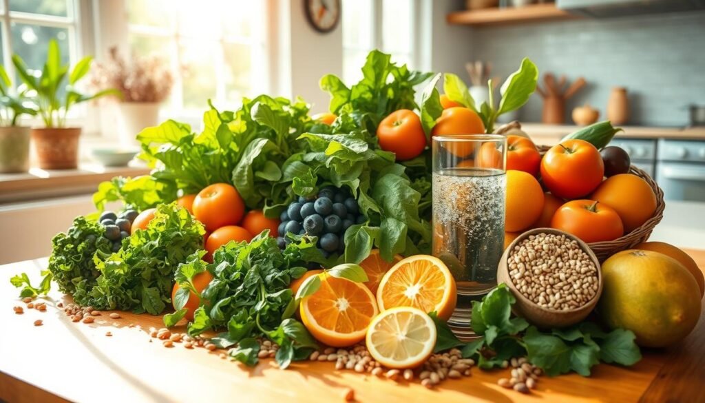A sun-drenched kitchen table overflows with a vibrant array of fresh produce - crisp greens, juicy citrus, and hearty whole grains. A glass of clear, sparkling water stands alongside, reflecting the natural light filtering through large windows. The arrangement evokes a sense of nourishment and vitality, inviting the viewer to imagine how these wholesome ingredients could be transformed into a revitalizing meal. The scene is captured with a wide-angle lens, emphasizing the abundance and welcoming atmosphere of the space. This image conveys the idea of using natural, whole foods to combat chronic fatigue and maintain energy levels throughout the day.
