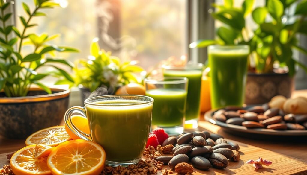 A sunlit breakfast nook, bursting with an array of natural energy boosters. In the foreground, a cup of matcha tea steams gently, surrounded by sliced citrus fruits, crunchy granola, and a handful of glistening berries. The middle ground showcases a platter of dark chocolate-dipped almonds and a vibrant green smoothie, while the background reveals a lush indoor garden, its verdant leaves reflecting the warm, golden light. The scene exudes a sense of vitality and balance, inspiring a confident, focused mindset to tackle the day ahead.