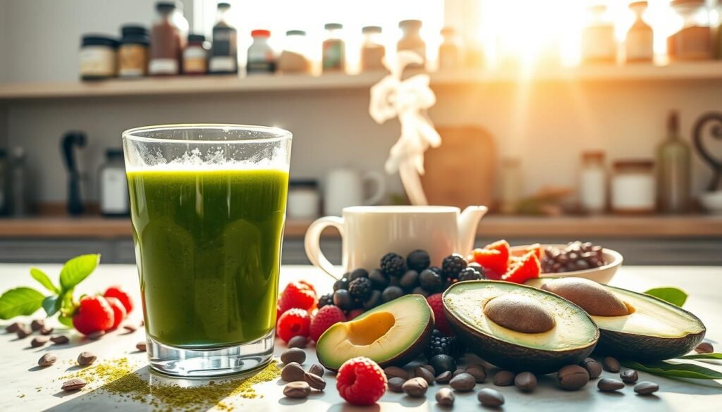A sunlit kitchen countertop, filled with a variety of healthy, energizing superfoods. In the foreground, a gleaming glass of bright green smoothie, its surface speckled with spirulina and matcha powder. Beside it, a scatter of vibrant berries, sliced avocado, and raw cacao nibs. In the middle ground, a steaming mug of herbal tea, its gentle steam curling upwards. Behind, shelves brimming with jars of nutrient-dense powders, seeds, and supplements. The natural lighting casts a warm, invigorating glow, reflecting the confident, centered energy of the scene. An image that inspires a natural, sustainable source of mental and physical vitality to power a workout, without relying on synthetic caffeine.