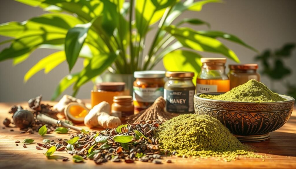 A sunlit still life arrangement showcasing a variety of natural energy boosters. In the foreground, a collection of fresh green tea leaves, yerba mate, and matcha powder spill from an ornate bowl, their vibrant hues contrasting against the warm, earthy-toned wooden surface. In the middle ground, an assortment of cacao nibs, ginger slices, and raw honey jars create a sense of balance and harmony. The background features a lush, verdant plant with broad, tropically-inspired leaves, casting a soft, dappled light over the scene. The overall mood is one of wellness, vitality, and a natural, holistic approach to enhancing physical and mental performance.