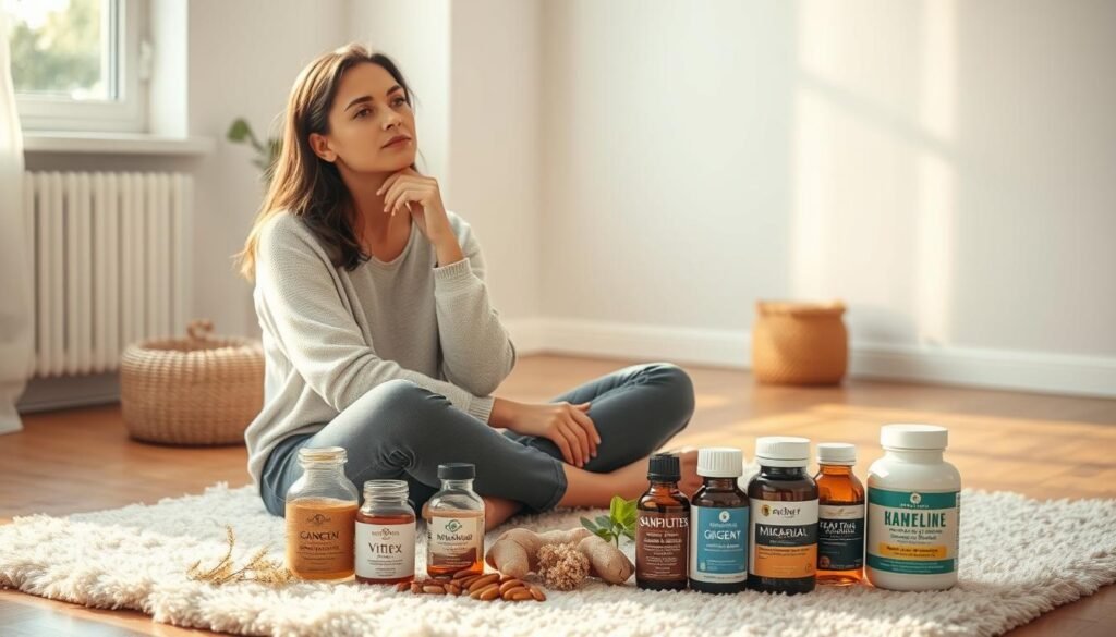 A thoughtful, serene woman sits cross-legged on a plush rug, surrounded by an assortment of herbal supplements and tinctures. Soft morning light filters through a nearby window, casting a warm glow on her face as she contemplates her options for alleviating premenstrual symptoms. The middle ground features various botanical ingredients like chamomile, ginger, and vitex, while the background showcases a peaceful, minimalist room with natural textures and soothing colors. The woman's expression is one of introspection and self-care, reflecting the article's focus on an ideal supplement routine to manage the effects of PMS.