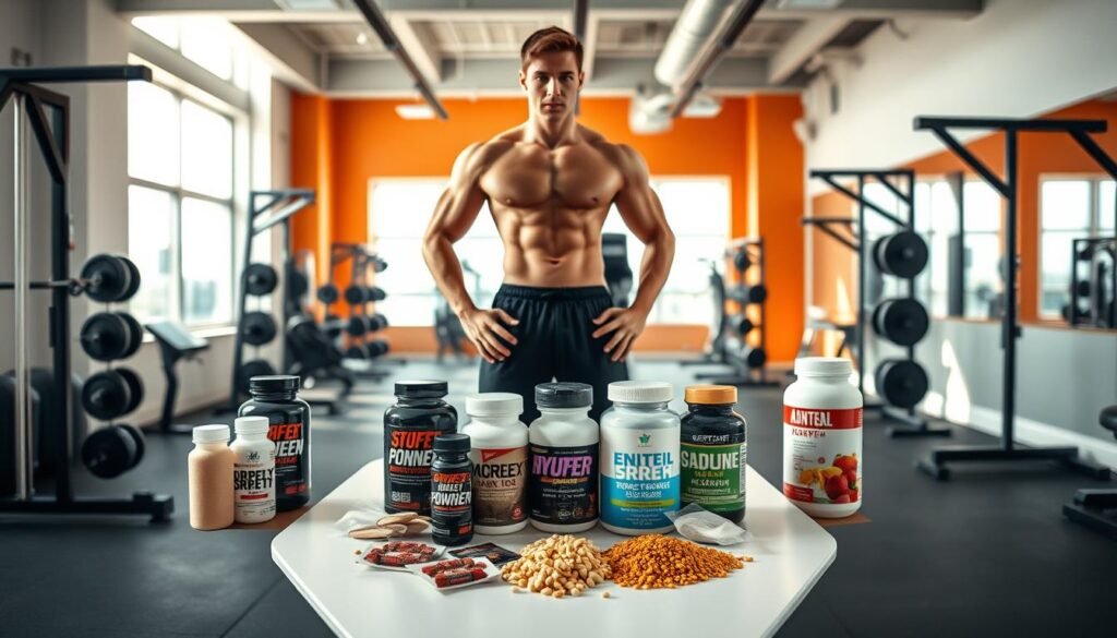 A vibrant and dynamic scene showcasing the benefits of pre-workout without caffeine. In the foreground, a fit and determined individual stands in a well-equipped gym, exuding confidence and energy. The middle ground features an array of performance-enhancing supplements and ergogenic aids, arranged neatly on a sleek, minimalist table. In the background, a clean and contemporary interior design with natural lighting creates a sense of openness and focus. The overall atmosphere conveys a balance of power, clarity, and discipline - the hallmarks of an effective pre-workout routine without the jitters of caffeine. The image is captured with a wide-angle lens, providing a comprehensive view of the scene and highlighting the subject's assertive presence.