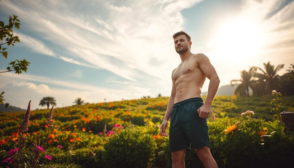 A vibrant and energetic scene of a healthy lifestyle. In the foreground, a confident and athletic individual stands tall, radiating an aura of vitality. The middle ground showcases a lush, verdant landscape dotted with colorful flora, suggesting a connection to nature. In the background, a sun-dappled sky with wispy clouds creates a warm, uplifting atmosphere. The lighting is soft and diffused, evoking a sense of peace and rejuvenation. The camera angle is slightly elevated, allowing the viewer to survey the harmonious scene and feel inspired to embark on a journey towards a sustainable, energy-filled lifestyle.