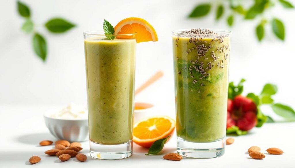 A vibrant and energetic smoothie drink set against a pristine white background, showcasing the essential ingredients for a natural pre-workout beverage. In the foreground, a tall glass filled with a creamy blend of fresh fruits, leafy greens, and chia seeds, topped with a sprinkle of superfood powder and a slice of fresh orange. The middle ground features neatly arranged bowls of high-protein Greek yogurt, organic honey, and a handful of raw almonds, complementing the smoothie's nutritious components. The background is illuminated by soft, natural lighting, creating a clean and inviting atmosphere to highlight the healthy, energizing properties of this pre-workout smoothie recipe.
