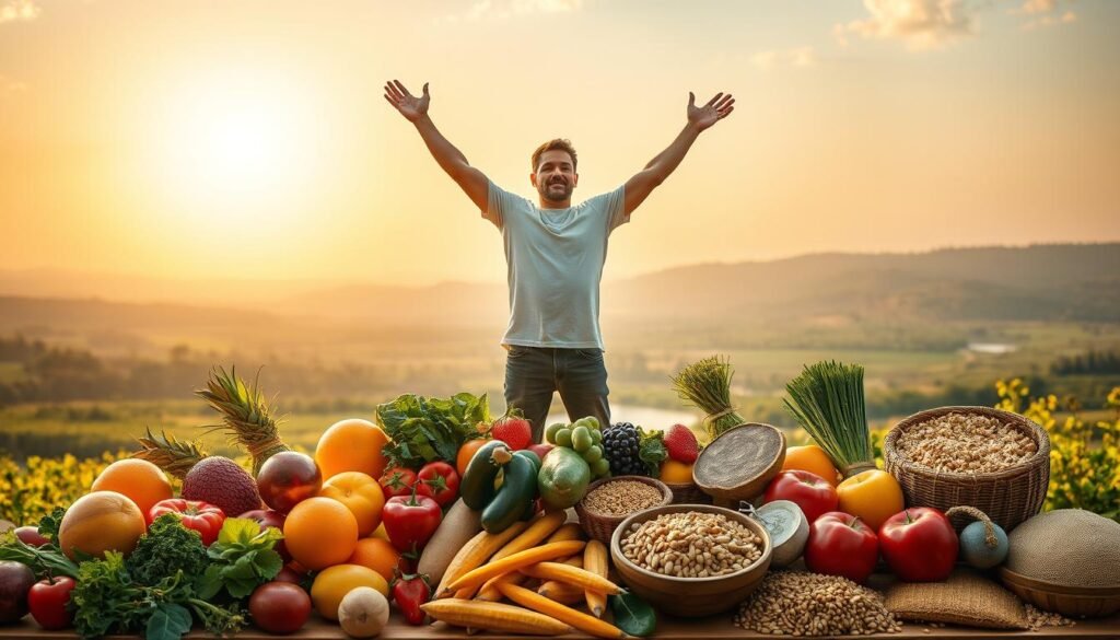 A vibrant and harmonious scene depicting the general health and well-being associated with consuming natural foods. Set against a serene, sun-dappled landscape, a confident individual stands tall, radiating energy and vitality. The foreground features an array of fresh, colorful produce - fruits, vegetables, and whole grains - artfully arranged to highlight their nutritional richness. The middle ground showcases a tranquil, open-air setting with lush greenery and a calming body of water. The background depicts a warm, golden-hour sky, casting a soft, natural glow over the entire scene. Gentle, diffused lighting accentuates the wholesome, rejuvenating atmosphere, inviting the viewer to experience the long-term benefits of incorporating natural, energy-boosting foods into their daily life.