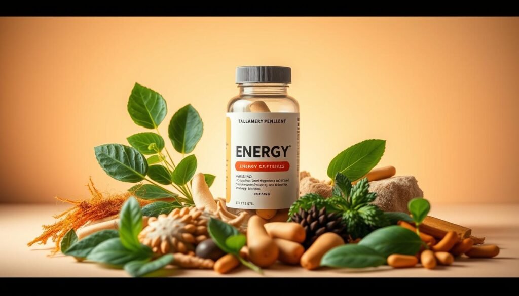 A vibrant and minimalist composition showcasing the best non-caffeinated energy supplement. The foreground displays an array of natural, plant-based ingredients - ginseng, guarana, cordyceps, and B vitamins - arranged in a balanced, symmetrical layout. The middle ground features a sleek, modern supplement bottle with a minimalist label, illuminated by soft, diffused lighting that creates a warm, inviting atmosphere. The background is a simple, clean gradient in earthy tones, allowing the natural elements to take center stage. The overall tone is one of confidence, vitality, and a commitment to clean, effective energy boosting without the jitters of caffeine.