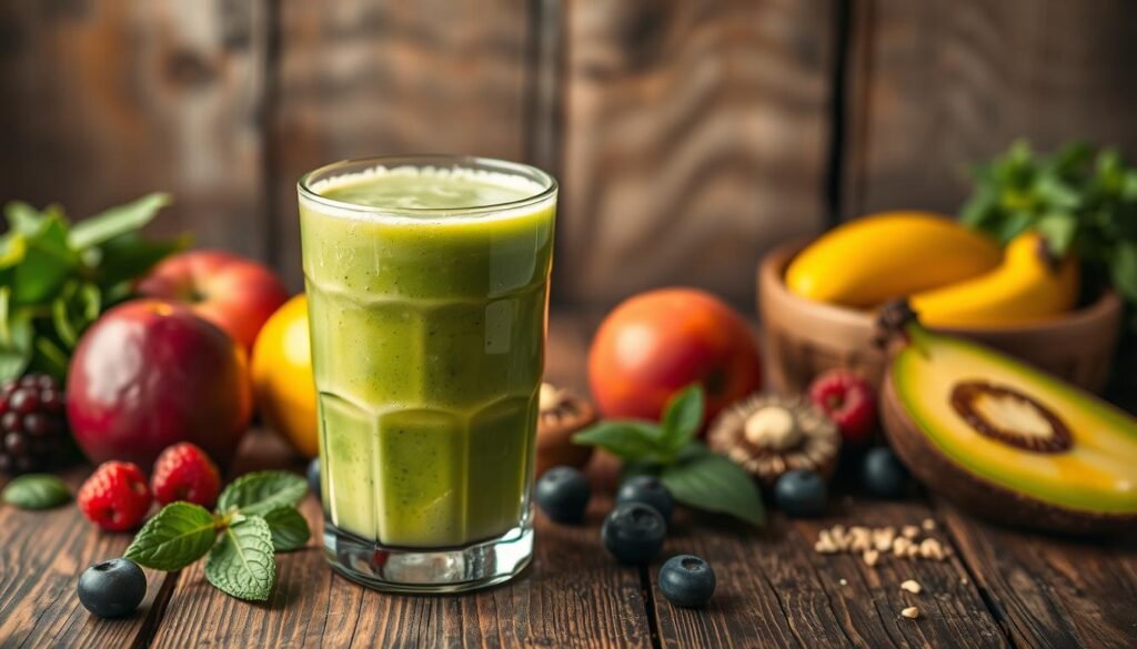 A vibrant and natural-looking shake with a creamy texture sits atop a rustic wooden table, surrounded by fresh fruits and ingredients. The vibrant green hue of the shake reflects the healthy, stimulant-free formula, with just a hint of froth on the surface. Soft, diffused lighting casts a warm glow, highlighting the natural colors and textures of the ingredients. The scene conveys a sense of health, energy, and confidence, inviting the viewer to enjoy a refreshing and nourishing pre-workout beverage.