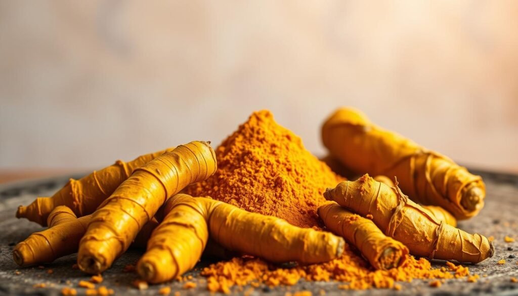 A vibrant and warm-hued still life showcasing the natural beauty of turmeric, also known as curcuma. In the foreground, several whole turmeric roots are arranged in a rustic, earthy setting, their golden-orange hues glowing under soft, natural lighting. In the middle ground, ground turmeric powder is piled neatly, its fine texture and vibrant color commanding attention. The background features a soothing, neutral-toned backdrop, allowing the curcuma to take center stage. The overall composition exudes a sense of purity, wellness, and the inherent health benefits of this versatile spice. The image conveys a calming, inviting atmosphere, highlighting curcuma's role as a revered superfood and natural remedy.