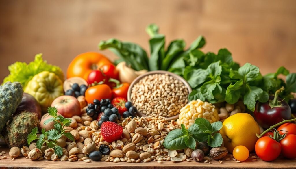 A vibrant array of naturally energetic foods, artfully arranged against a warm, earthy backdrop. In the foreground, a mix of colorful fruits, nuts, and whole grains, each bursting with vitality and nourishment. The middle ground features a selection of leafy greens, their verdant hues conveying the essence of raw, untapped energy. In the background, a soft, diffused light illuminates the scene, creating a sense of natural balance and harmony. The overall composition exudes a confident, wholesome vibe, inviting the viewer to partake in the bountiful, life-giving properties of these pure, unadulterated ingredients.