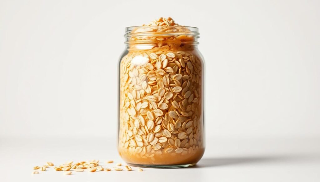 A vibrant, close-up still life of a glass jar filled with a rich, golden pre-workout supplement, featuring a blend of creamy oats and glistening honey. The jar is set against a clean, minimal background, subtly lit from the side to accentuate the texture and hues of the ingredients. The composition conveys a sense of natural energy and balanced nourishment, perfectly suited to illustrate the "Dicas para potencializar os efeitos do pré-treino" section of the article "Pré-treino com aveia e mel: energia natural."