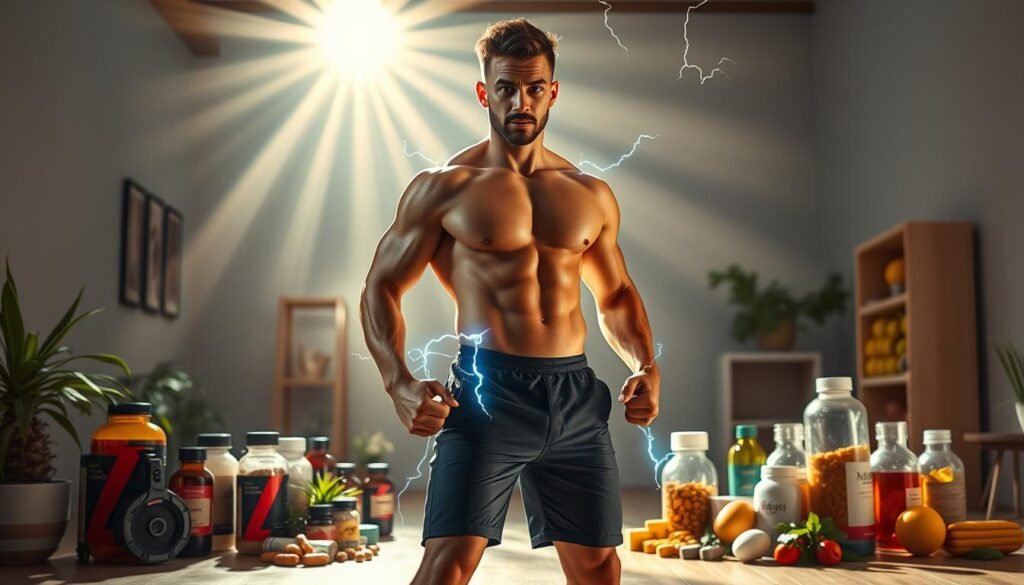 A vibrant, energetic scene in a sun-dappled studio setting. A confident, fit individual stands in a powerful, dynamic pose, electricity radiating from their body. Bold colors, dramatic lighting, and a sense of movement capture the essence of "energia corporal." The foreground features the central figure, muscles taut, expression determined. The middle ground showcases an array of natural, organic supplements and vitamins, subtly hinting at the theme of "Suplementos e Vitaminas." The background depicts a serene, minimalist environment, allowing the focal point to shine. Crisp, high-resolution details, with a cinematic, 16:9 aspect ratio.