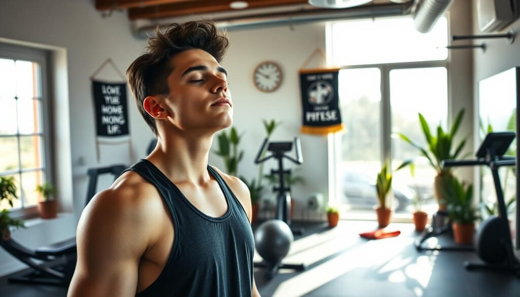 A vibrant, energetic scene of a confident individual preparing for a workout without relying on stimulants. The foreground depicts a person in athletic attire, eyes closed, and taking deep breaths, exuding an aura of focus and determination. The middle ground showcases a well-equipped home gym, with natural lighting streaming in through large windows, creating a warm and inviting atmosphere. The background features potted plants, a motivational wall hanging, and a sleek, modern design, reinforcing a sense of balance and wellness. The overall composition conveys a serene, yet invigorating, environment where the subject draws strength and energy from within, rather than external sources.