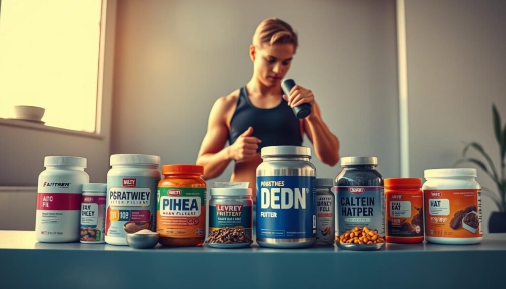 A vibrant, energetic scene of a health-conscious individual preparing for a workout without the aid of caffeine. Set against a minimalist, modern backdrop, the foreground showcases an assortment of pre-workout supplements, protein powders, and a sleek water bottle, all arranged with deliberate care. The middle ground features the individual, clad in stylish athletic wear, exuding a sense of focused determination as they mix their caffeine-free pre-workout drink. Warm, natural lighting bathes the scene, creating a sense of vitality and wellness. The overall atmosphere conveys a balanced, focused approach to fitness, where the individual prioritizes their well-being over reliance on stimulants.