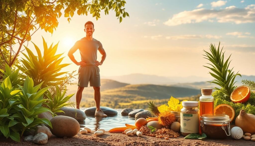 A vibrant, energetic scene of natural tips for boosting energy. In the foreground, a confident, active figure stands tall, radiating vitality. Surrounded by lush, verdant plants and soothing natural elements like water and stones, creating a serene, rejuvenating atmosphere. Warm, diffused lighting bathes the scene, accentuating the earthy tones and textures. The middle ground features an array of healthy, nourishing foods and supplements, symbolizing the power of natural energy sources. In the background, a tranquil landscape unfolds, with rolling hills and a clear, blue sky, conveying a sense of balance and harmony. The overall composition evokes a feeling of holistic well-being and the natural path to sustainable energy.