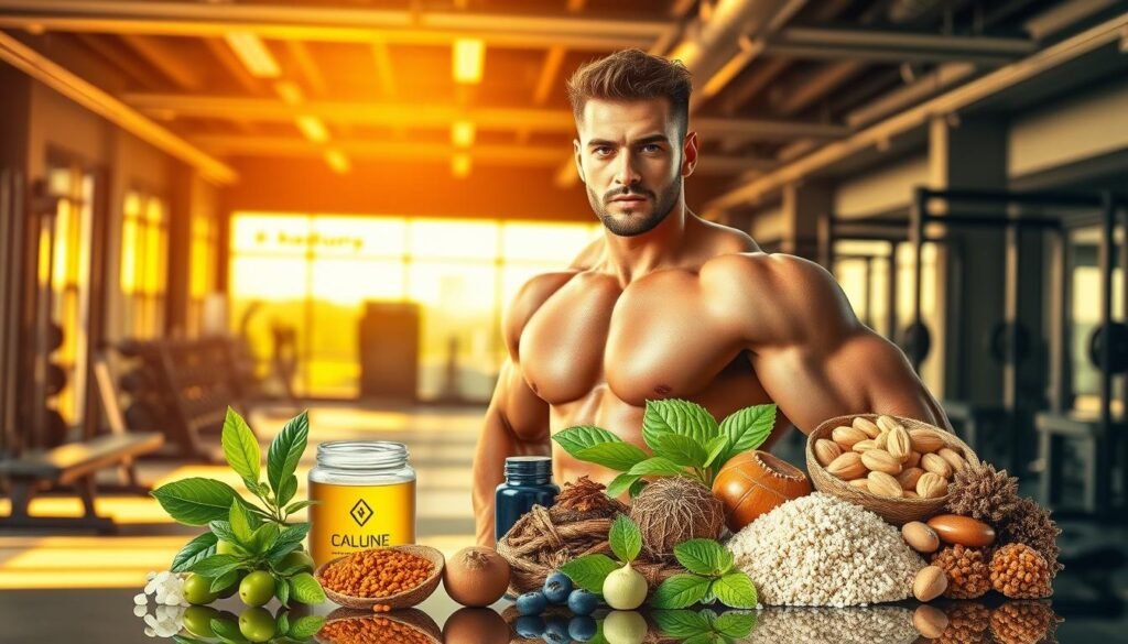 A vibrant, energetic scene showcasing the benefits of a pre-workout supplement without caffeine. In the foreground, a confident, athletic person stands tall, muscles tense, eyes filled with determination. The middle ground features an array of natural ingredients commonly found in caffeine-free pre-workouts, such as beta-alanine, arranged in a visually appealing manner. The background depicts a modern, well-equipped gym, with sleek equipment and high ceilings, bathed in warm, natural lighting that accentuates the energy and vitality of the scene. The overall mood conveys a sense of focus, clarity, and the empowering effects of a stimulant-free pre-workout formula.