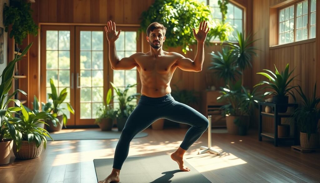 A vibrant, energizing scene of a confident individual in a well-lit home gym, surrounded by lush greenery and natural light. The subject is standing in a dynamic yoga pose, radiating an aura of focused determination and vitality. Subtle hints of citrus and herbal scents fill the air, suggesting refreshing natural alternatives to caffeine. The warm, earthy tones of the wooden floors and walls create a harmonious, grounding atmosphere, encouraging mindfulness and holistic wellness. Soft shadows cast by the natural lighting add depth and dimension, emphasizing the subject's strong, balanced physique. The overall composition conveys a sense of rejuvenation, inner strength, and a holistic approach to enhancing energy levels without relying on caffeine.