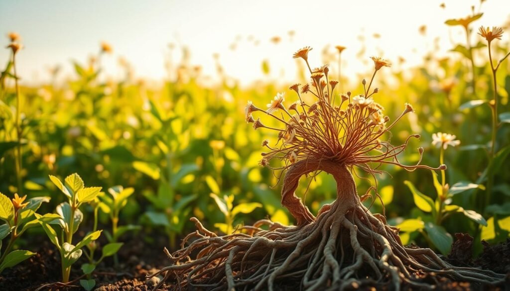 A vibrant field of adaptogenic herbs, their lush leaves and delicate flowers swaying in the soft breeze. In the foreground, a gnarled root system emerges from the earth, its intricate tendrils symbolizing the resilience and adaptability of these remarkable plants. The background is bathed in warm, golden sunlight, creating a sense of tranquility and vitality. The scene conveys the idea of nature's ability to provide natural solutions for improved focus and performance, inviting the viewer to explore the wonders of these remarkable adaptogenic botanicals.