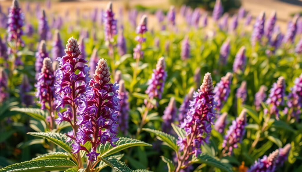 A vibrant field of vitex agnus castus plants, their distinctive purple flowers in full bloom, gently swaying in the warm afternoon sunlight. The foreground features a close-up view of several leaves and blooms, their intricate textures and hues captured in vivid detail. In the middle ground, the plants grow in lush clusters, creating a sense of abundance and natural vitality. The background fades into a softly blurred landscape, allowing the viewer to focus on the medicinal properties of this herbal remedy. The scene conveys a sense of calm and healing, reflecting the plant's traditional uses for menstrual cramps and discomfort.