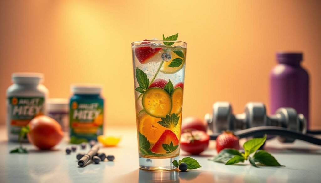 A vibrant glass filled with a refreshing, effervescent pre-workout drink, absent of caffeine. The beverage features a blend of natural ingredients, including fresh fruit, herbs, and electrolyte-rich liquids, creating a visually appealing and nutritionally-balanced concoction. Backlit by warm, soft lighting that accentuates the vibrant colors, the glass sits atop a clean, minimalist surface, surrounded by neatly arranged fitness equipment and supplements. The overall atmosphere conveys a sense of health, vitality, and an empowered, motivated state, perfect for setting the stage for an energizing, caffeine-free pre-workout routine.